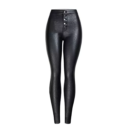 Faringoto Hosen Faringoto Jeans Damen Sexy PU-Leder Schwarz Jeans Bleistift Hose High Wasit Leopard Farbe Herbst und Winter Slim Skinny Hose