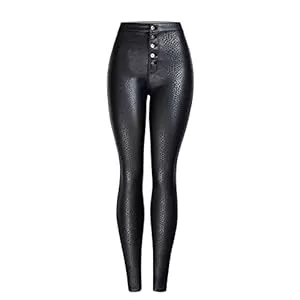 Faringoto Hosen Faringoto Jeans Damen Sexy PU-Leder Schwarz Jeans Bleistift Hose High Wasit Leopard Farbe Herbst und Winter Slim Skinny Hose