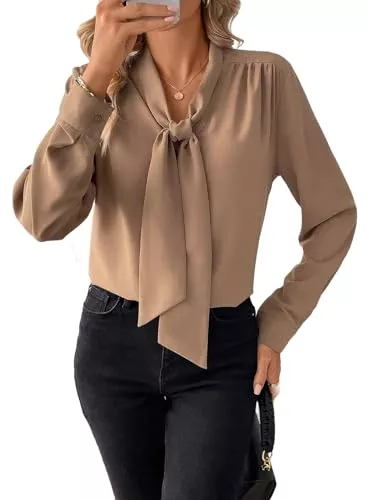 BLENCOT Langarmblusen BLENCOT Damen Bluse Langarm Hemdbluse Elegant V-Ausschnitt Casual Tunika Hemd Fliege Knoten Blusen Tops