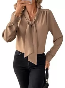 BLENCOT Langarmblusen BLENCOT Damen Bluse Langarm Hemdbluse Elegant V-Ausschnitt Casual Tunika Hemd Fliege Knoten Blusen Tops