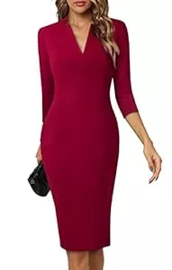 HOMEYEE Business HOMEYEE Damen Elegant V-Ausschnitt 3/4 Ärmel Cocktail Retro Bodycon Bleistiftkleid Business Midi Etuikleid B760