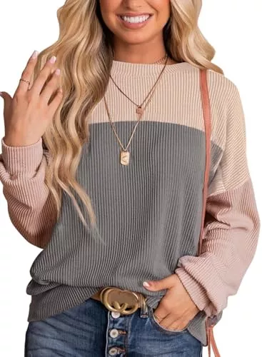 DUOEASE Pullover & Strickmode DUOEASE Pullover Damen Herbst Rundhals Oversied Sweatshirt Farbblock Oberteile Textured Langarmshirt