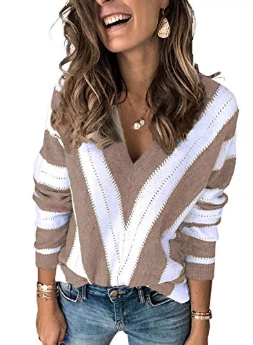Dokotoo Pullover & Strickmode Dokotoo Damen Strickpullover V-Ausschnitt Casual Pullover Warm Oberteil Tops Streifen Sweater Elegant Herbst Winter Sweatshirt S-XXL