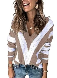 Dokotoo Pullover & Strickmode Dokotoo Damen Strickpullover V-Ausschnitt Casual Pullover Warm Oberteil Tops Streifen Sweater Elegant Herbst Winter Sweatshirt S-XXL