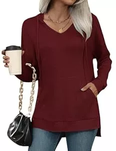 WNEEDU Pullover & Strickmode WNEEDU Kapuzenpullover Damen Sweatshirt mit Kapuze Waffelstrick V Ausschnitt Pullover Langarmshirt Damen Hoodie Oberteile Herbst Winter mit Kordelzug Taschen