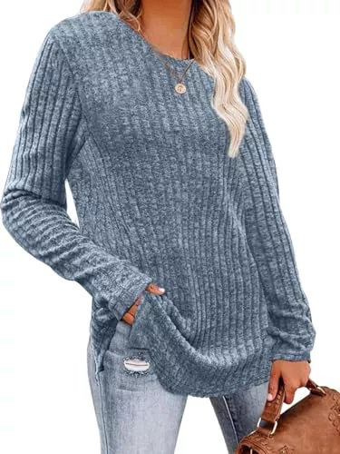 Yutdeng Pullover & Strickmode Yutdeng Pullover Damen Herbst Winter Strickpullover Langarm Rundhals Dünne Pullover Elegant Pulli Langer Strickpulli Basic Langarmshirts für Damen Sweater Sweatshirts Leichte Tunika