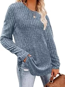 Yutdeng Pullover & Strickmode Yutdeng Pullover Damen Herbst Winter Strickpullover Langarm Rundhals Dünne Pullover Elegant Pulli Langer Strickpulli Basic Langarmshirts für Damen Sweater Sweatshirts Leichte Tunika