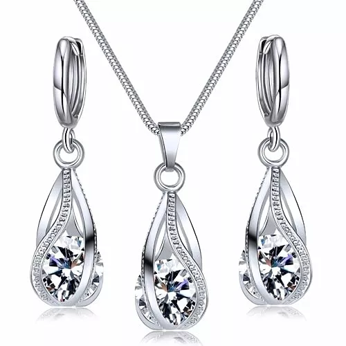 Hanaoops Schmuck Hanaoops Schmuckset Damen Silber 925 Set Teardrop Cubic Zirkonia Kristall-Anhänger Halskette Ohrringe Sets Geschenk für Set Freundin Ehefrau am Valentinstag