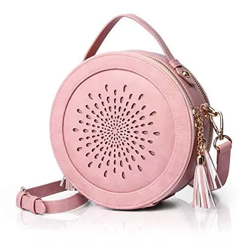 APHISON Taschen & Rucksäcke APHISON Damen Runde Umhängetasche Crossbody Bag Top Griff Schultertasche Hand-Tasche Kleine PU Leder Schicke Sonnen-Blume Retro Geschenke für Frauen(1391PINK)