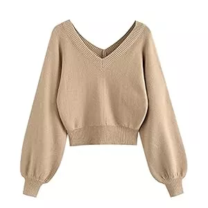 ZAFUL Pullover & Strickmode ZAFUL Damen Sweater, langärmelige doppeltem V-Ausschnitt Laterne Ärmel Kurzer Pullover Sweater