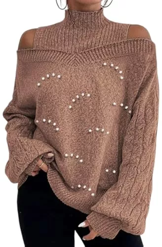 PADOLA Pullover & Strickmode PADOLA Schulterfreier Pullover Damen Rollkragen Strickpullover Feinstrick Sweatshirt Herbst Winter Langarmshirt Elegantes Pullunder Casual Pulli Basic Strickpulli Knit Sweater