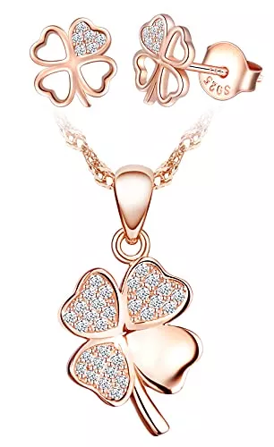 Yumilok Schmuck Yumilok Damen Schmuckset Vierblättriges Kleeblatt Anhänger Halskette Ohrringe Kette Set Schmuck Set 925 Sterling Silber für Frauen