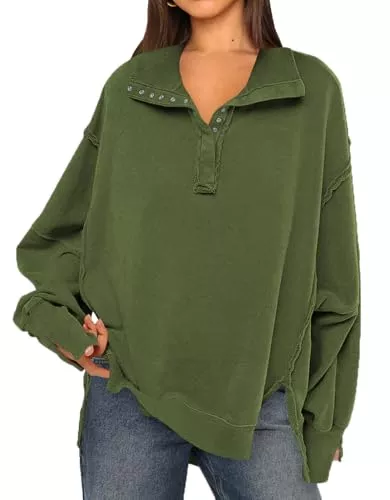 OLIPHEE Pullover & Strickmode OLIPHEE Sweatshirts für Damen Sweatshirt Damen Oversized mit Knöpfe Frühling Herbst Pullover Langarmshirts für Damen V-Ausschnitt Revers Loose Tops Vintage Oberteile Shirts Y2K Clothes