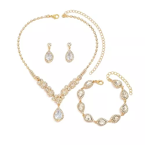 FDEETY Schmuck FDEETY Schmuckset Damen Brautschmuck Schmuck Hochzeit Set Hochzeitsschmuck Braut Strass Kristall Halskette Armband Anhänger Ohrring Set Kostüm Schmuck Set Braut Hochzeit Party