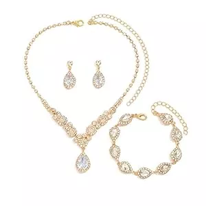 FDEETY Schmuck FDEETY Schmuckset Damen Brautschmuck Schmuck Hochzeit Set Hochzeitsschmuck Braut Strass Kristall Halskette Armband Anhänger Ohrring Set Kostüm Schmuck Set Braut Hochzeit Party