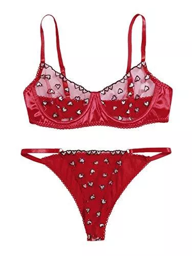 WDIRARA Unterwäsche & Dessous WDIRARA Damen Mesh Herz Stickerei Satin Dessous Set Träger BH und Panty