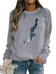 Dresswel Pullover & Strickmode Dresswel Pullover Damen Feder Drucken Sweatshirt Langarmshirt Rundhals Langarm Shirts Herbst Winter Pulli Tops Oberteile Bluse