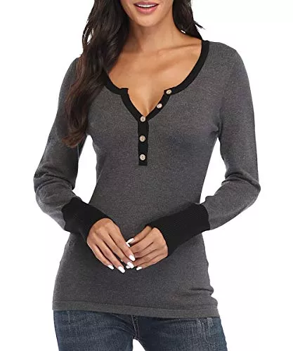 Dilgul Pullover & Strickmode Dilgul Damen Langarmshirt Pullover Rundhalsausschnitt Patchwork Strickpullover Oberteile mit Knöpfen