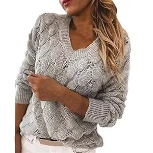 WANGTIANXUE Pullover & Strickmode Damen Langarmshirt Gestrickt Winter Strickpullover Casual Strickwaren Pullover Elegant Pulli Oberteile Mode Einfarbig Warmer Winterpullover Sweater Stricken Pullover Sexy V-Ausschnitt Basic Jumper