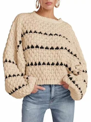 Saodimallsu Pullover & Strickmode Saodimallsu Damen Pullover Oversize Herbst Strickpullover Elegant Winter Gestreifte Pulli Puffärmel Rundhal Jumper