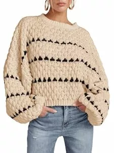 Saodimallsu Pullover & Strickmode Saodimallsu Damen Pullover Oversize Herbst Strickpullover Elegant Winter Gestreifte Pulli Puffärmel Rundhal Jumper