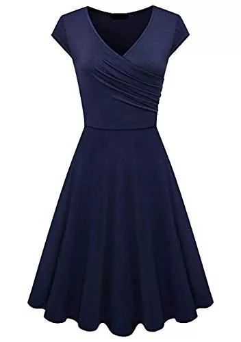 Yming Cocktail Yming Damen Kurzarm Partykleider Elegant Knielang Kleider V-Ausschnitt Kleider XS-3XL