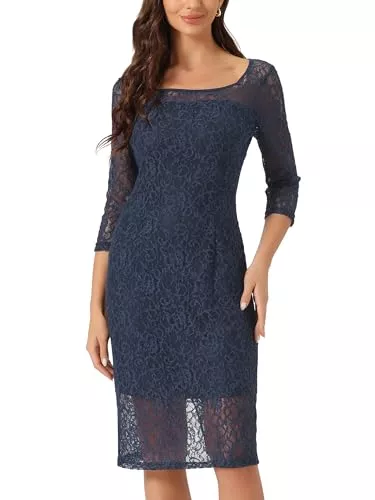 Allegra K Cocktail Allegra K Damen Etuikleid Elegant 3/4-Ärmeln Spitze Eckigem Ausschnitt Midi Gerader Schnitt Mini Kleid