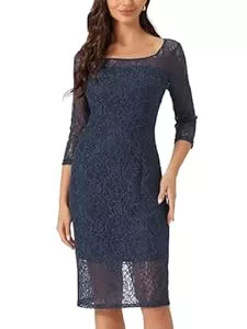 Allegra K Cocktail Allegra K Damen Etuikleid Elegant 3/4-Ärmeln Spitze Eckigem Ausschnitt Midi Gerader Schnitt Mini Kleid