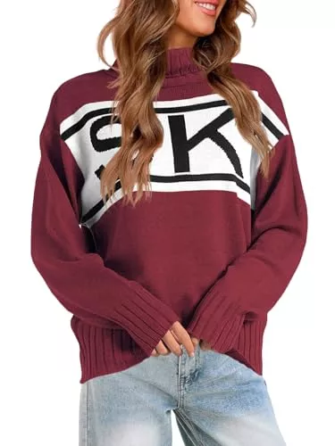 Saodimallsu Pullover & Strickmode Saodimallsu Damen Oversized Pullover Turtleneck Ski Print Farbe Block Strickpullover Herbst Winter Langer Ärmel Gerippt Grobstrick Trendy Sweater Oberteil