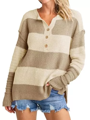 Imily Bela Pullover & Strickmode Imily Bela Damen Pullover Gestreift Tops Langarm V-Ausschnitt Strickpullover Herbst Winter Warmer Strickpulli Shirt