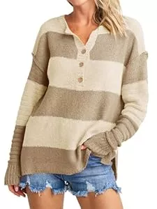 Imily Bela Pullover & Strickmode Imily Bela Damen Pullover Gestreift Tops Langarm V-Ausschnitt Strickpullover Herbst Winter Warmer Strickpulli Shirt