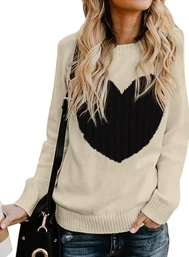 QIXING Pullover & Strickmode QIXING Damen Herbst Pullover Rundhals Langarm Strickpullover Herzförmig Kabelstrick Pulli Winter Damen for Mother Girlfriend