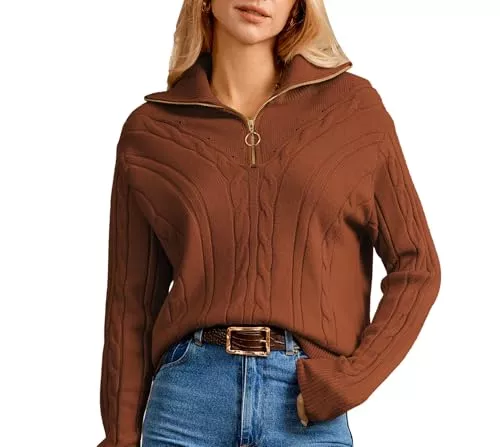 GRACE KARIN Pullover & Strickmode GRACE KARIN Damen-Pullover mit umklappbarem Kragen und Reißverschluss, langärmelig, Twist-Blume