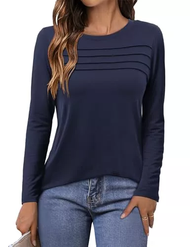 Beluring Langarmshirts Beluring T-Shirt Damen Elegant Langarm Oberteile Rundhals Plissee Tunika Top mit Schlitz