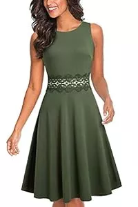 HOMEYEE Cocktail HOMEYEE Damen Vintage Rundhalsausschnitt Blumen Bestickt Knielang Elegant Cocktailkleid UKA079