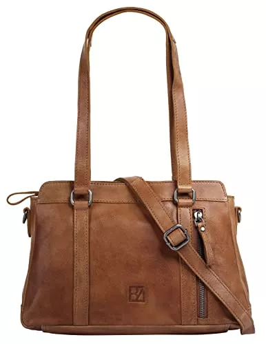BODENSCHATZ Taschen & Rucksäcke BODENSCHATZ Umhängetasche Echt Leder Damen | Handtasche aus Leder, Umhängetasche mit Reißverschlussfächern, Schultertasche, Zip Bag mit Stifthalter cognac | 021181