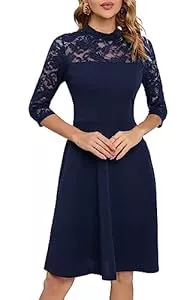 HOMEYEE Cocktail HOMEYEE Damen Elegant Spitze 3/4 Ärmel Rockabilly Kleid Retro Knielang Cocktailkleid für Hochzeit A368