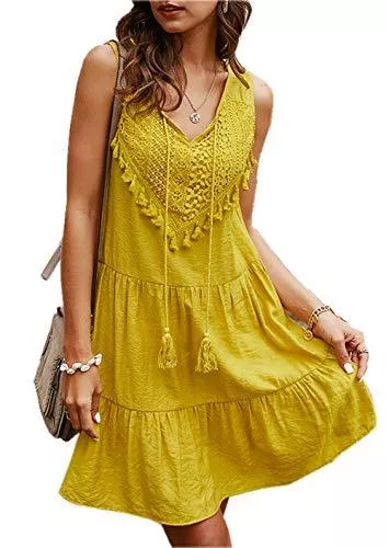 ZIYYOOHY Freizeit Damen Ärmellos Minikleid V-Ausschnitt Quaste Boho Sommerkleid Elegant Strandkleider Casual A-Linie Kleid Loose Spitzenkleid Boho Freizeitkleide Cocktailkleid
