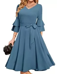 DRESSTELLS Cocktail DRESSTELLS Damen Elegant Cocktailkleid Chic V-Ausschnitt Double Bell Sleeve Formal Bescheiden Kirche Kleid für Hochzeitsgast