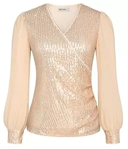 GRACE KARIN Langarmblusen GRACE KARIN Damen Pailletten Bluse Chiffon Langarm Wickelbluse V-Ausschnitt Glitzer Party Tops Festliche Cocktail Oberteile