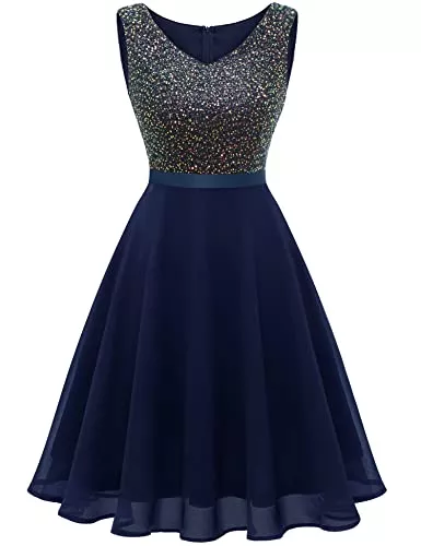 Dressystar Cocktail Dressystar Damen Gliter Pailletten Cocktailkleid Knielang V Ausschnitt Abschlussball A-Linien Hochzeit Gast Kleid