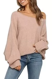 Fisoew Pullover & Strickmode Fisoew Damen Strickpullover Schulterfrei Pullover Fledermausärmel Pulli Langarm Oversized Sweater Grobstrick Winter Oberteil