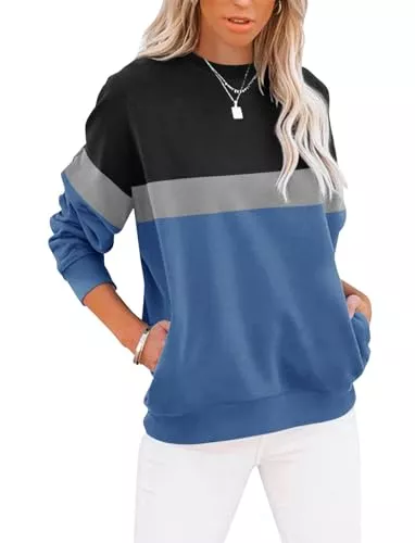 Cuptacc Pullover & Strickmode Cuptacc Sweatshirt Damen Pullover Elegant Rundhals Farbblock Damen Oberteile Locker Langarmshirt Taschen T-Shirt Damen