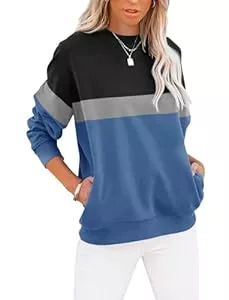 Cuptacc Pullover & Strickmode Cuptacc Sweatshirt Damen Pullover Elegant Rundhals Farbblock Damen Oberteile Locker Langarmshirt Taschen T-Shirt Damen