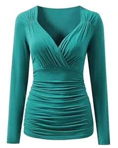 YUTILA Langarmblusen YUTILA Damen Langarm Bluse Elegant Plissee Slim Fit V-Ausschnitt Wickelbluse Oberteil