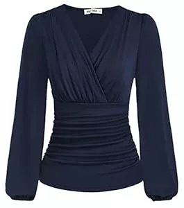 GRACE KARIN Langarmblusen GRACE KARIN Damen V-Ausschnitt Bluse Elegant Wickelbluse Laterne Langarm Slim Fit Plissee-Top Tunika Bluse