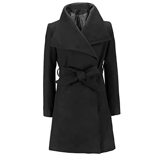 Masrin Mäntel Masrin Trenchcoat Damen Einfarbiger Wollmantel Warme Winterjacke Mittellange Windjacke Langärmelige Wolljacke mit Umlegekragen und Gürtel Cardiganbluse mit offenem Stich Übergangsjacke Wintermantel