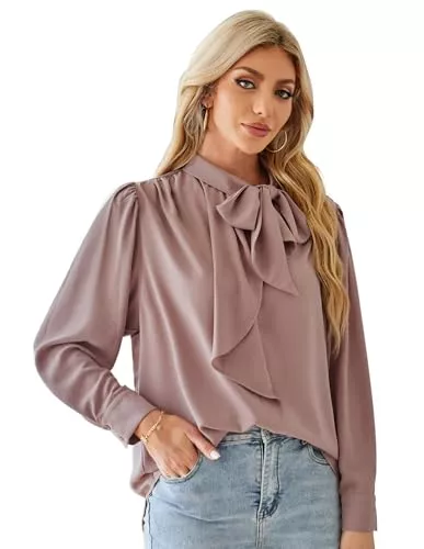 GRACE KARIN Langarmblusen GRACE KARIN Damen Langarm Bluse Lockere Chiffon Oberteile Stehkrage Rüsche Hemd Pull on Bluse Casual Arbeit Büro Top