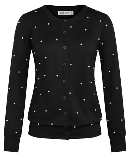 GRACE KARIN Strickjacken GRACE KARIN Damen Strickjacken Elegant Pullover Perle Langarm Cardigan Tops Knopf Rundhalsausschnitt Herbst Strickjacke Pullover