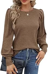 Hotouch Pullover & Strickmode Hotouch Pullover Damen Herbst Rundhals Langarm Strickpullover mit Puffärmel Elegant Gestrickte Oberteile Einfarbig Dünne Pulli Casual Langarmshirt S-XXL